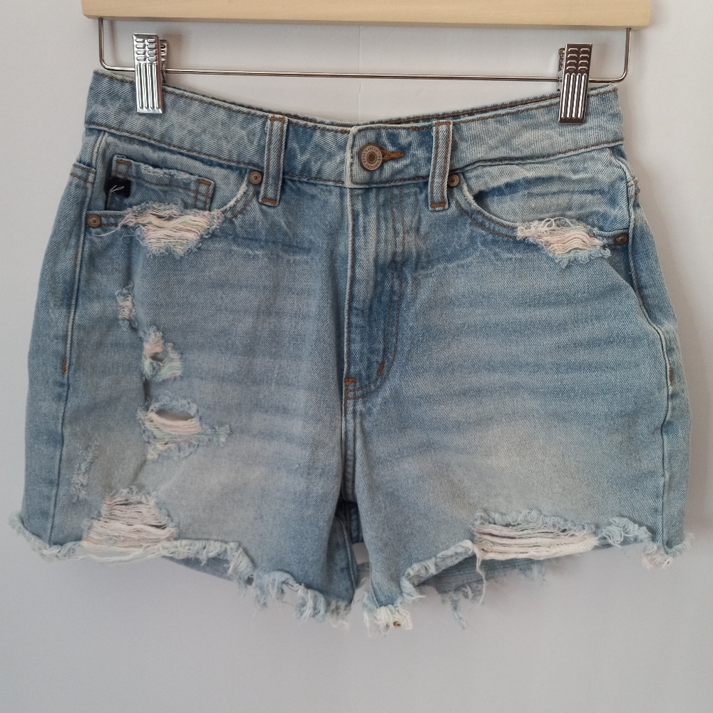 KanCan Pastel Rainbow Thread Distressed High-Rise Denim Shorts